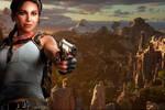 Montaje Lara Croft con dos pistolas y paisaje panorámico del norte de la India en Tomb Raider Catalyst Unreal Engine 5