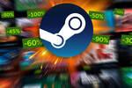 Logotipo de Steam rodeado de etiquetas de descuentos de hasta el 90% para las Rebajas de Invierno 2025.