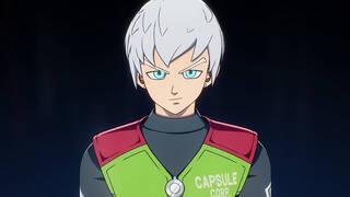 Primer plano del nuevo personaje in�dito de Akira Toriyama para el videojuego Dragon Ball: AGE 1000, vistiendo el uniforme de Capsule Corp con cabello blanco y ojos claros