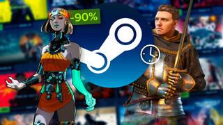 Logotipo de Steam con un icono de reloj y personajes de Hades II y Kingdom Come: Deliverance II, ilustrando el inicio de las Rebajas de Invierno y ofertas de Navidad.