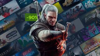 Geralt de Rivia en The Witcher 3 Wild Hunt con etiqueta de descuento del 90 por ciento en las ofertas de Steam para PC