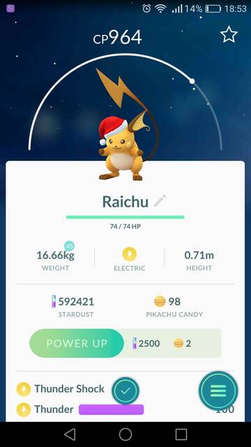 Raichu Navideńo en Pokémon go