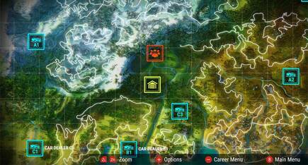 El mapa es el men� del juego, donde podemos elegir pruebas, comprar coches o modificarlos.