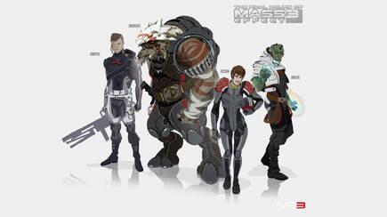Una ilustraci�n con algunas de las clases disponibles en Mass Effect: Team Assault: Sniper, Bruiser, Recon y Biotic.