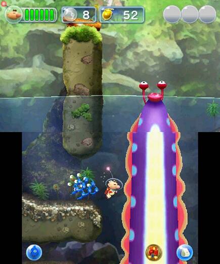 En las fases acu�ticas Olimar tiene m�s movilidad y lanza a los pikmin en l�nea recta, mientras que cuando est� fuera del agua describen una par�bola.