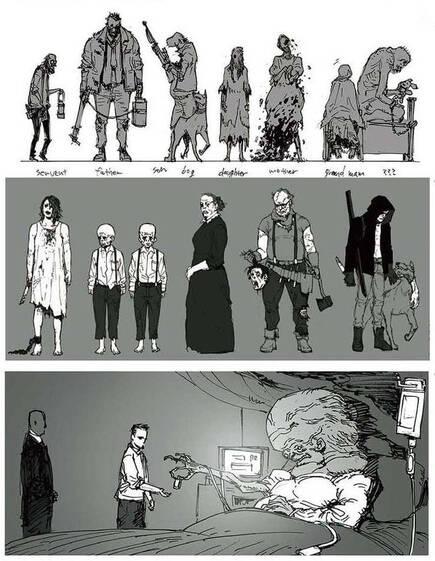 Ilustraciones tempranas de la familia Baker, incluyendo un extra�o ser mutante.