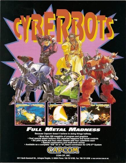Flyer de la versi�n arcade de CyberBots (1995) Capcom.