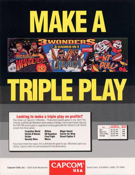 Capcom USA fue m�s directa en su flyer, destacando las ganancias que pod�an ofrecer tres juegos en un �nico mueble. Ojo al horroroso arte de la marquesina.