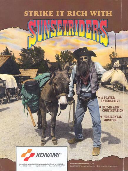 El flyer americano de Sunset Riders, en la l�nea habitual de Konami USA. O sea, un horror.