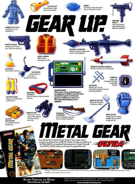 La publicidad del Metal Gear de NES presum�a de todos los objetos que �bamos a necesitar para cumplir la misi�n.
