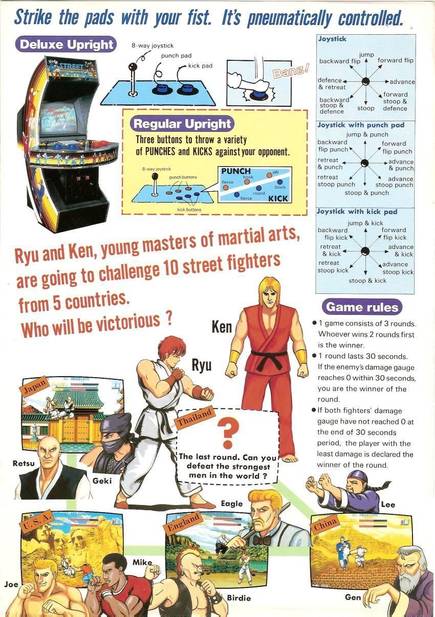 El flyer de Street Fighter explicaba c�mo funcionaba el delirante sistema de dos botones sensibles a la presi�n, una idea tan arriesgada como fallida.