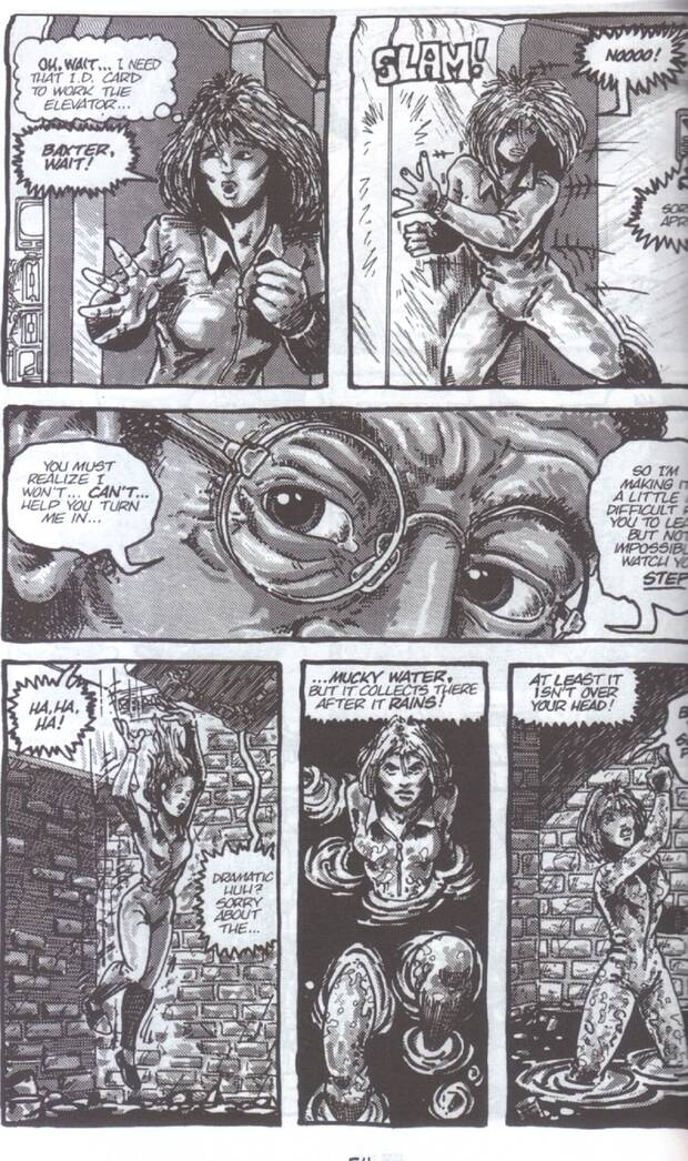 Uno de los primeros paneles de los cmics con April O'Neil en blanco y negro