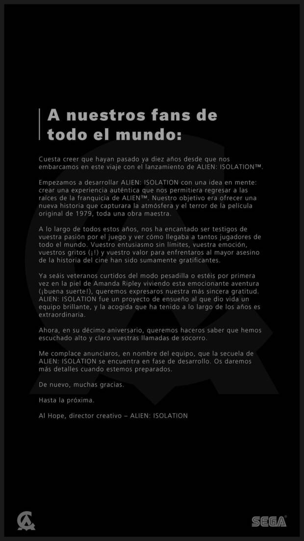 comunicado oficial sobre el desarrollo de la secuela de Alien Isolation