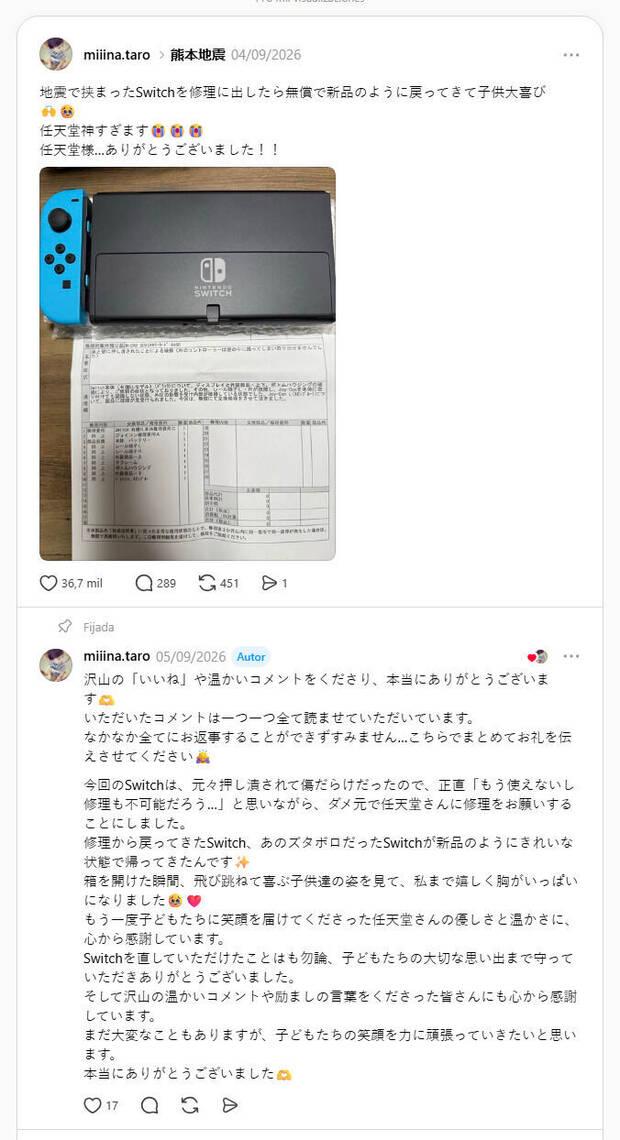 Post en Threads de la madre a la que Nintendo le repar� gratis una Switch da�ada durante un terremoto.