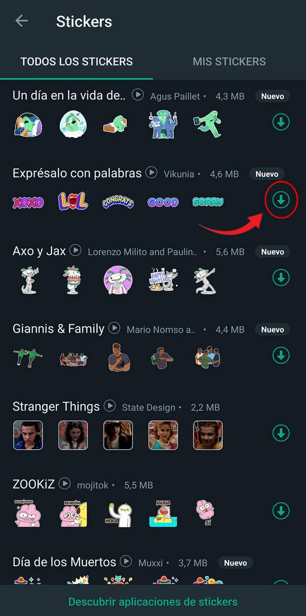 Pantalla con packs de stickers de WhatsApp