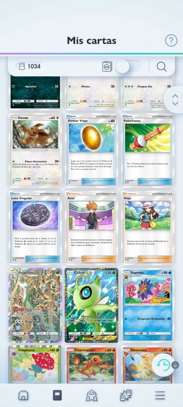 Jcc Pokémon Pocket: pantalla de baraja de cartas procedentes de la expansión La Isla Singular