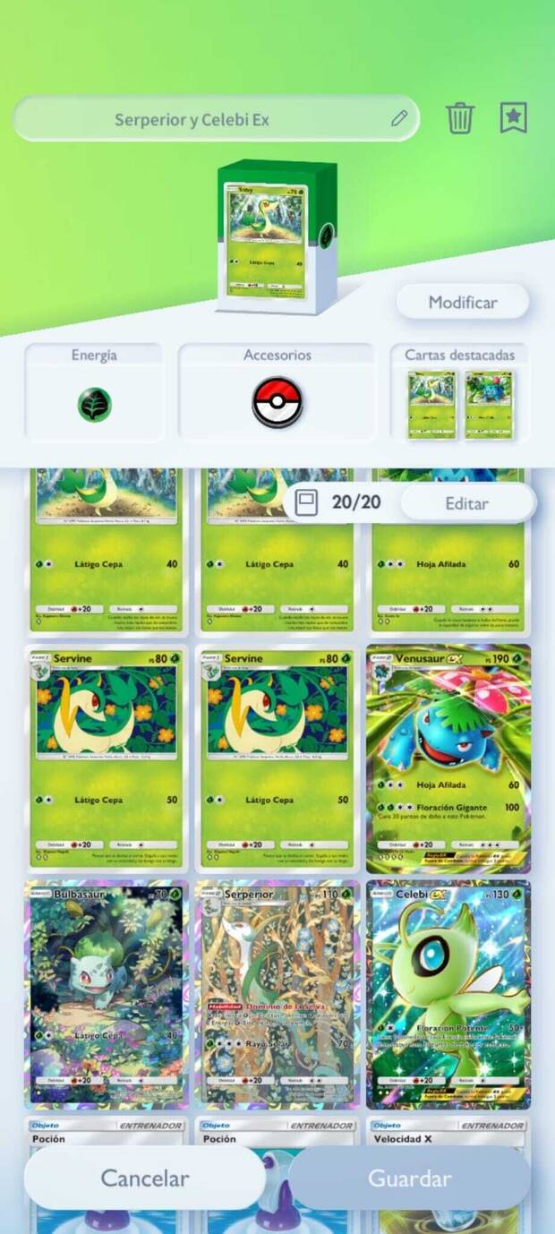 JCC Pokmon Pocket - Cartas del mazo Serperior y Celebi Ex