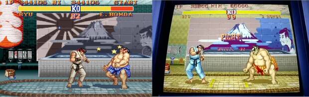 Street Fighter 2 con y sin bandera japonesa del Sol Naciente.