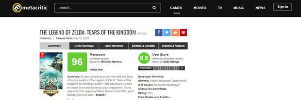 Calificaciones de The Legend of Zelda: Tears of the Kingdom en Metacritic