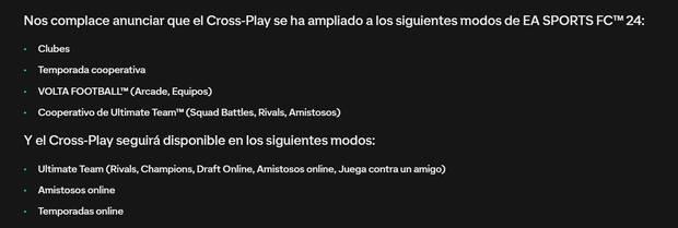 EA Sports FC 24 - Modos de juego que admiten crossplay