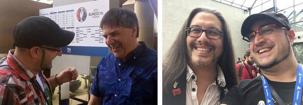 Jon Cortázar con Ron Gilbert (izquierda) y John Romero (derecha) en Gamelab 2015.