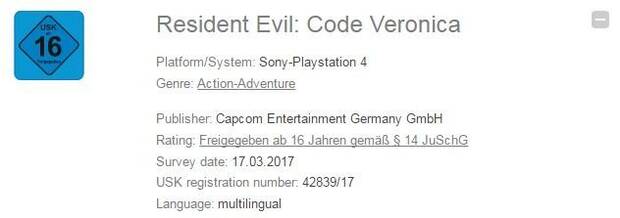 Resident Evil Code Veronica para PS4 registrado por el código de edad alemán Imagen 2