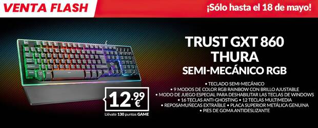 TECLADO GAMING TRUST GXT 860 THURA SEMI-MECNICO RGB por 12,99 en GAME oferta temporal