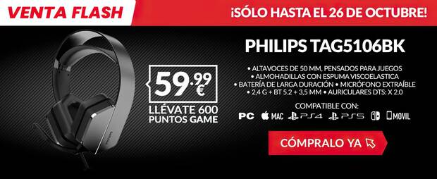 AURICULARES GAMING INALMBRICOS PHILIPS TAG5106BK de oferta en GAME por tiempo limitado