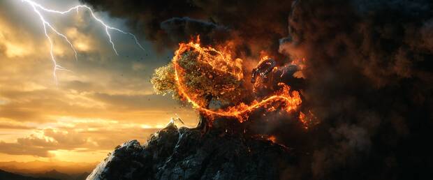 Los Anillos de Poder - Difrencias entre la serie y el libro: un elfo y un Balrog luchando junto a un rbol