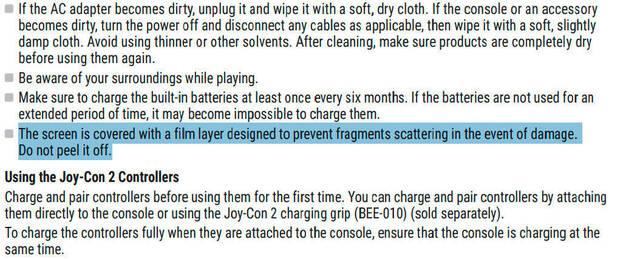 Nintendo Switch 2 no se recomienda quitar su película de protección según el manual.
