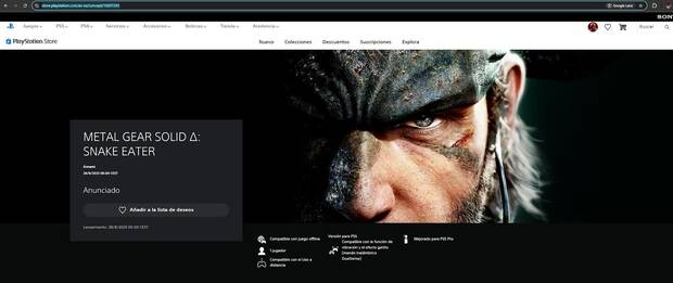 Fecha de lanzamiento de Metal Gear Solid Delta: Snake Eater en PS Store.