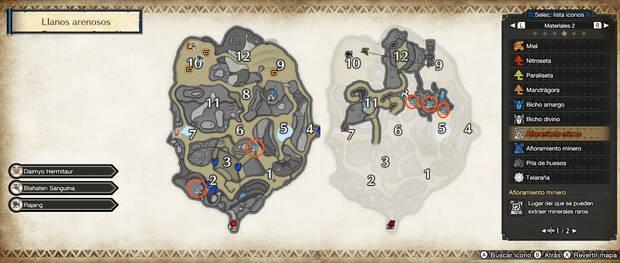Monster Hunter Rise: Sunbreak - Mapa de afloramientos mineros blancos en Llanos arenosos para obtener Aurealita