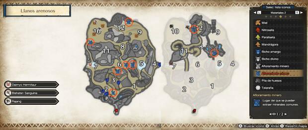 Monster Hunter Rise: Sunbreak - Mapa de afloramientos mineros azules en Llanos arenosos para obtener Aurealita
