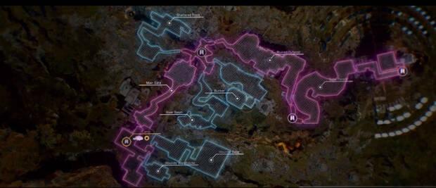 Este plano funciona como ejemplo de un nivel. En rosa, el camino principal de la misión principal. En azul, todas las zonas que podemos explorar o en las que cumplir misiones secundarias.