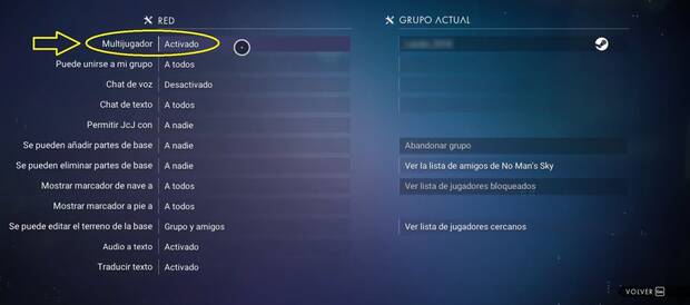 No Man's Sky - Configurar partida multijugador en opciones