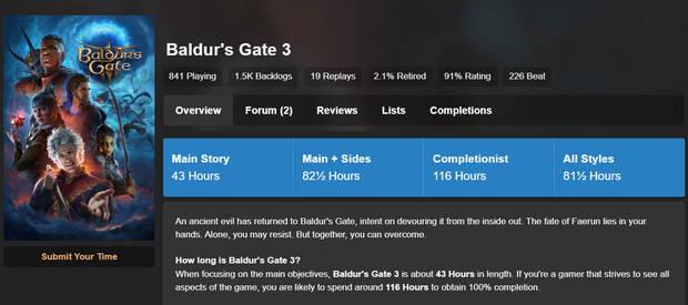 Cuántas horas se tardan en completar la historia principal de Baldur's Gate 3