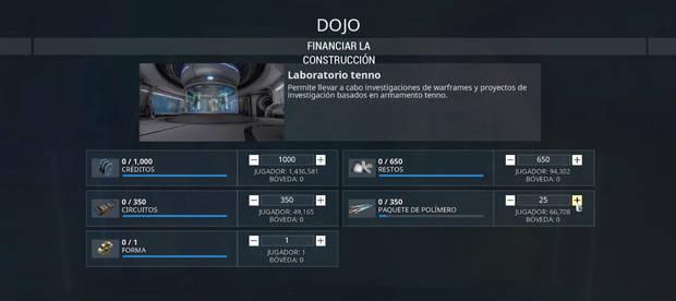 Guía Warframe - Costes de las investigaciones en los laboratorios del Dojo