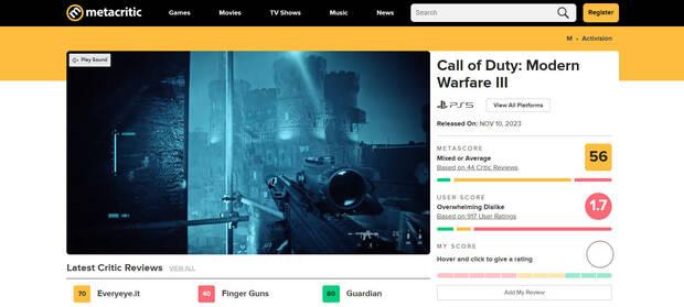 Puntuación de la crítica de Call of Duty Modern Warfare 3 (2023) en Metacritic