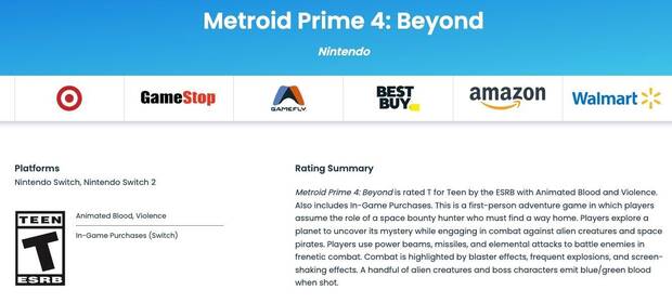 Metroid Prime 4: Beyond calificación ESRB con descripción sobre el juego y su violencia