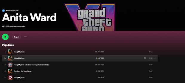 Captura del perfil de Anita Ward en Spotify con el logo de GTA 6