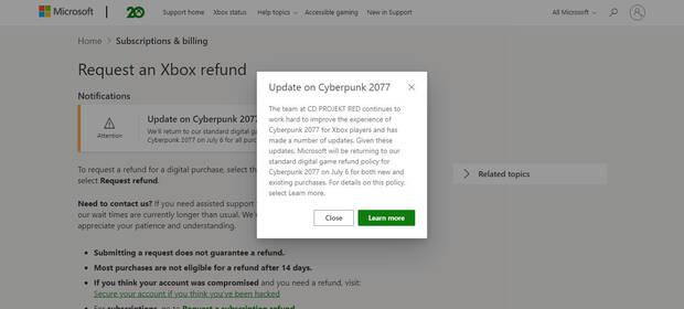 Comunicado oficial de Xbox al respecto de las devoluciones de Cyberpunk 2077.