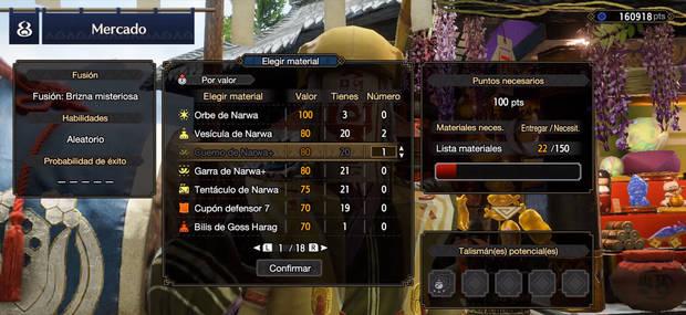 Monster Hunter Rise - Gasto de materiales para fusionar talismanes