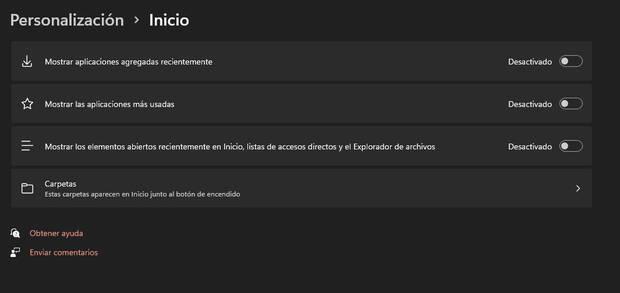 Opciones desactivadas