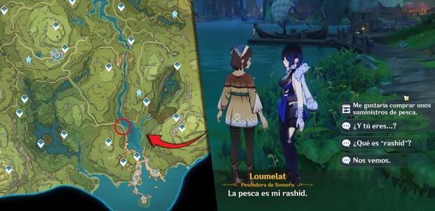 Genshin Impact - Localizacin en el mapa de Loumelat, pescadora del Gremio de Pescadores de Sumeru