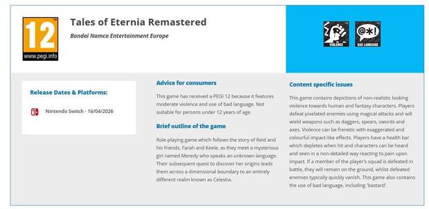 Tales of Eternia Remastered clasificado en PEGI para Nintendo Switch