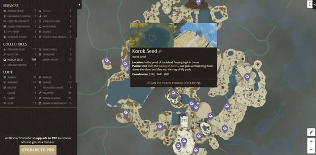 Zelda: Tears of the Kingdom - Información detallada en el mapa interactivo de semillas Kolog