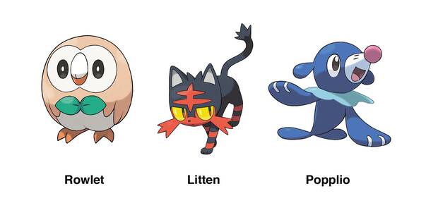 Los tres Pokémon iniciales, entre los que tendremos que elegir a uno para que nos acompañe en nuestras aventuras desde los primeros minutos.