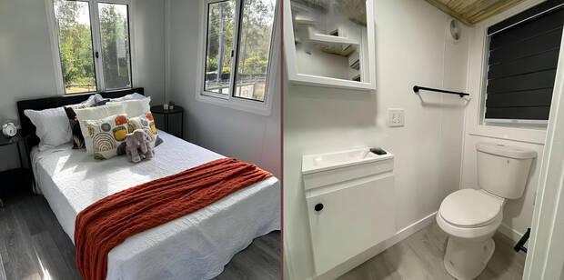 Dormitorio y baño de la casa prefabricada de 12000 euros que se vende en Amazon