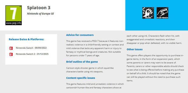 Splatoon 3 registrado para Switch 2 seg�n PEGI