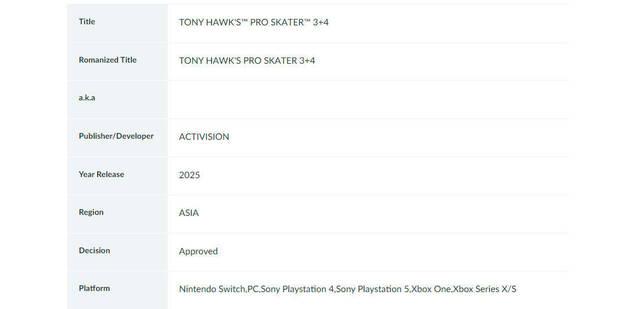 Tony Hawk's Pro Skater 3 + 4 clasificado en Singapur anuncio inminente